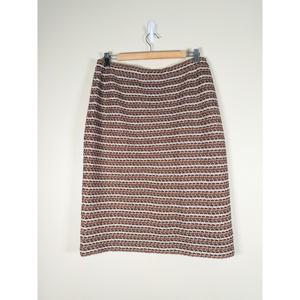 Ming Wang Women Brown Striped Knit Pencil Skirt Size Large Textured Midi Elastic - Picture 2 of 9